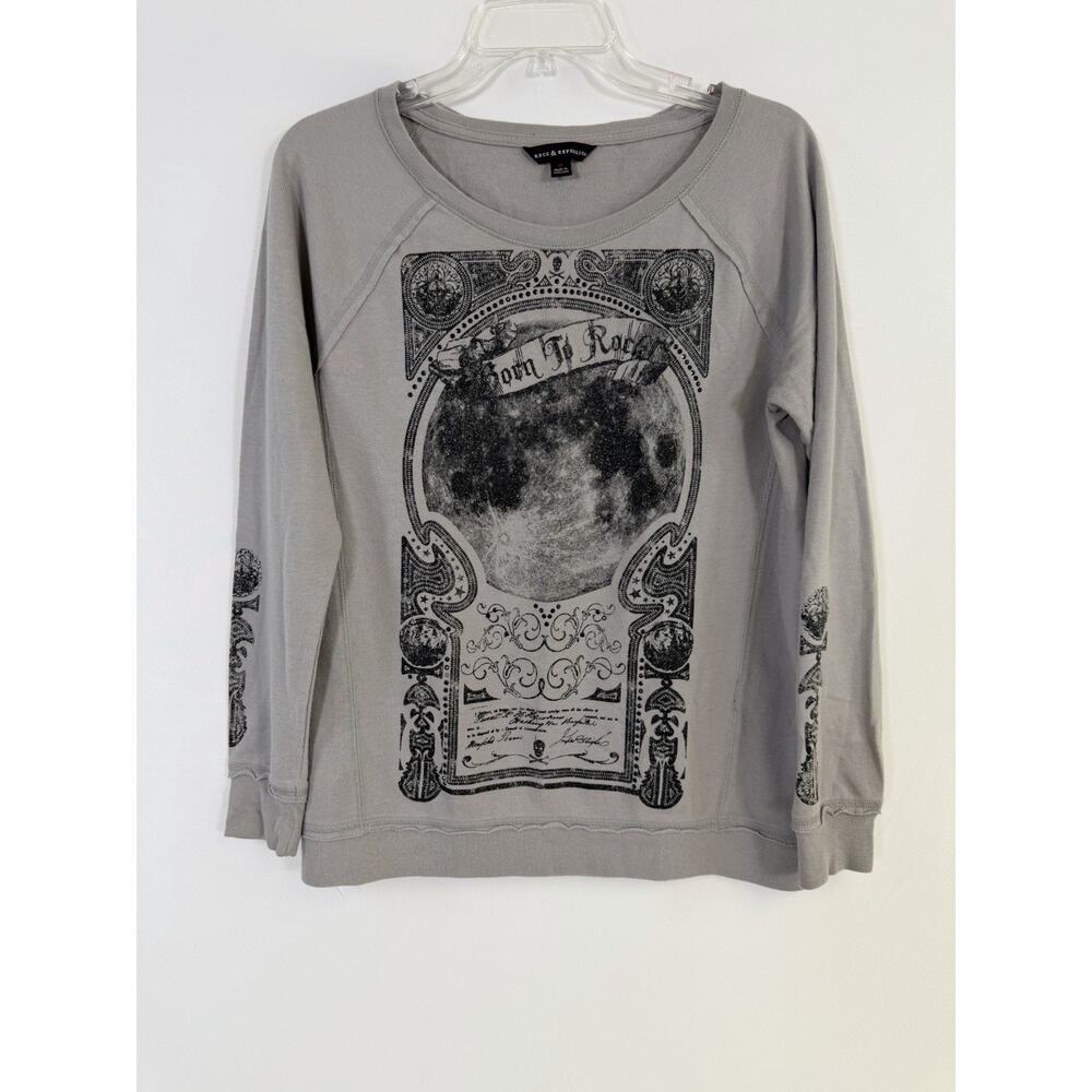 Y2K Rock & Republic Womens Long Sleeve Shirt Gray Skull Graphic Rhinestones Sz M